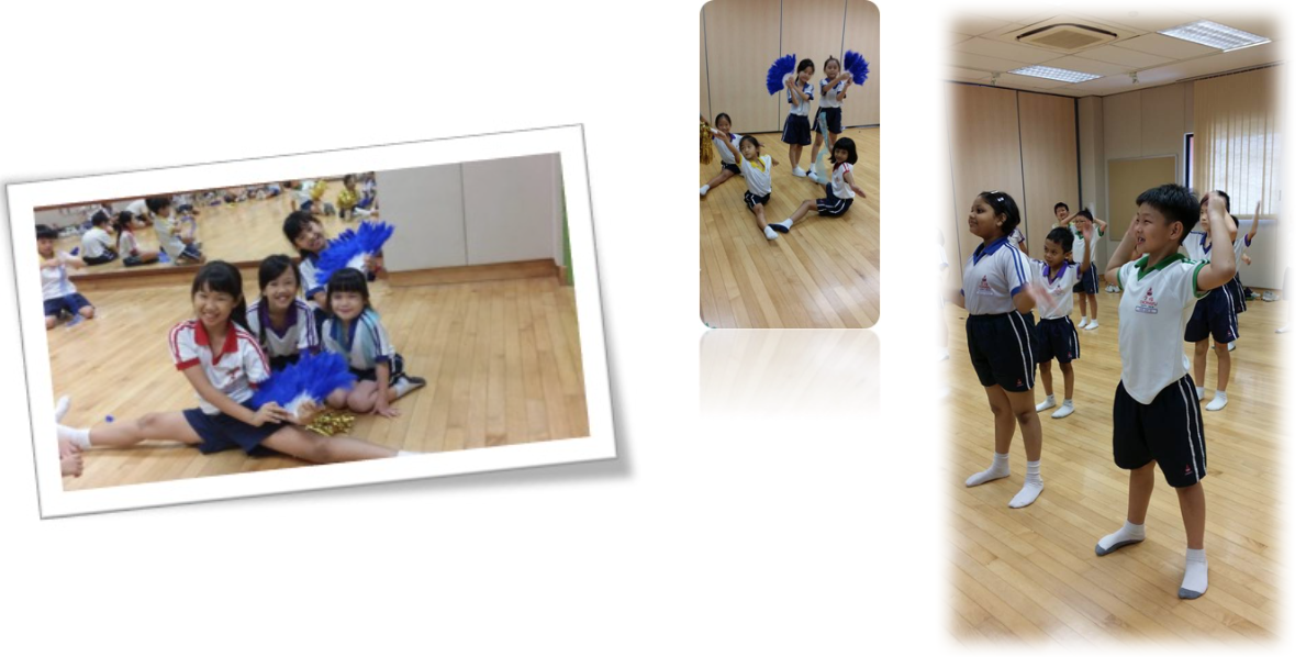 Three photos of school children in uniforms dancing and holding blue pom-poms on a wooden gym floor.